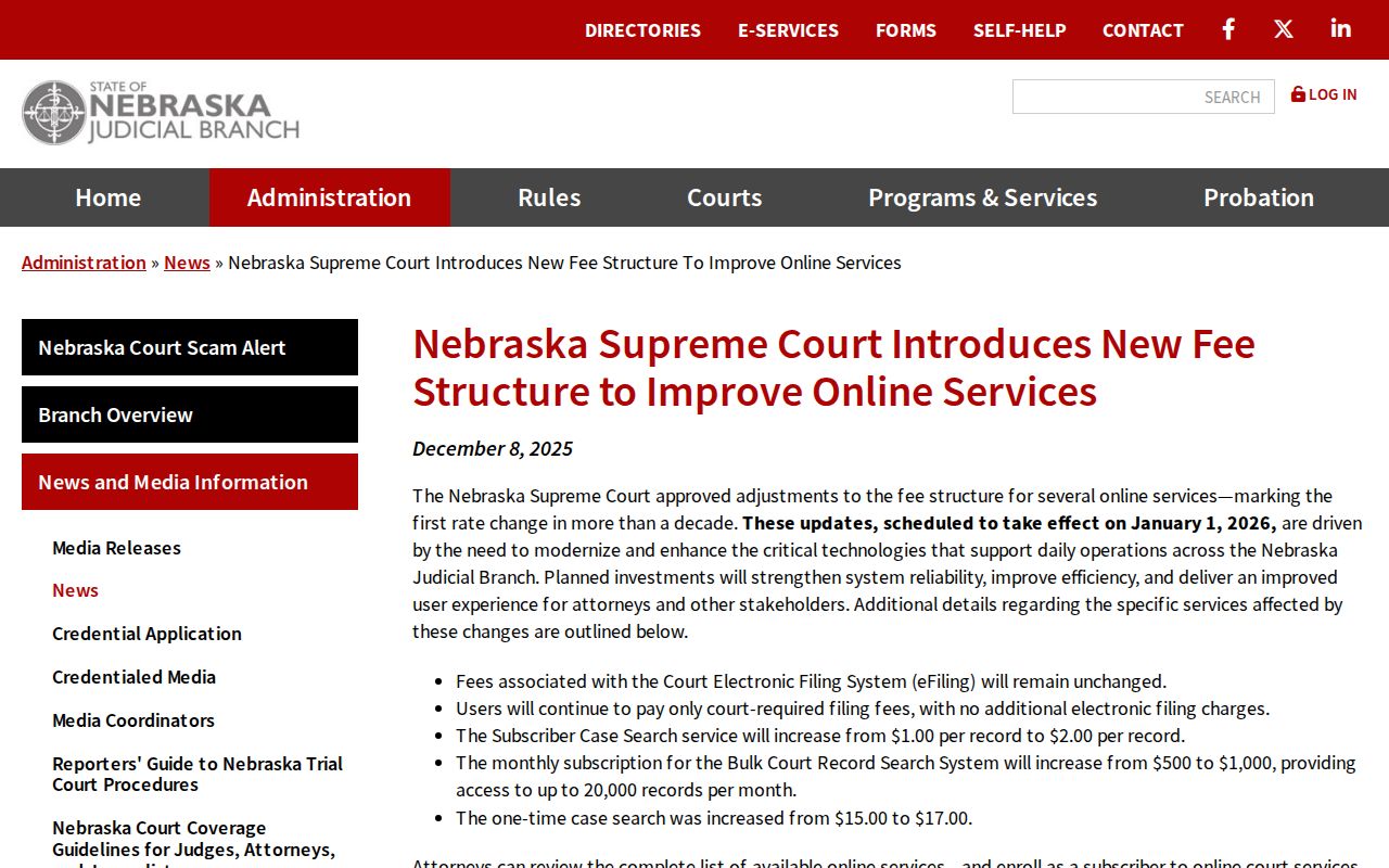 Boone County docket search source showing Nebraska online services fee structure notice