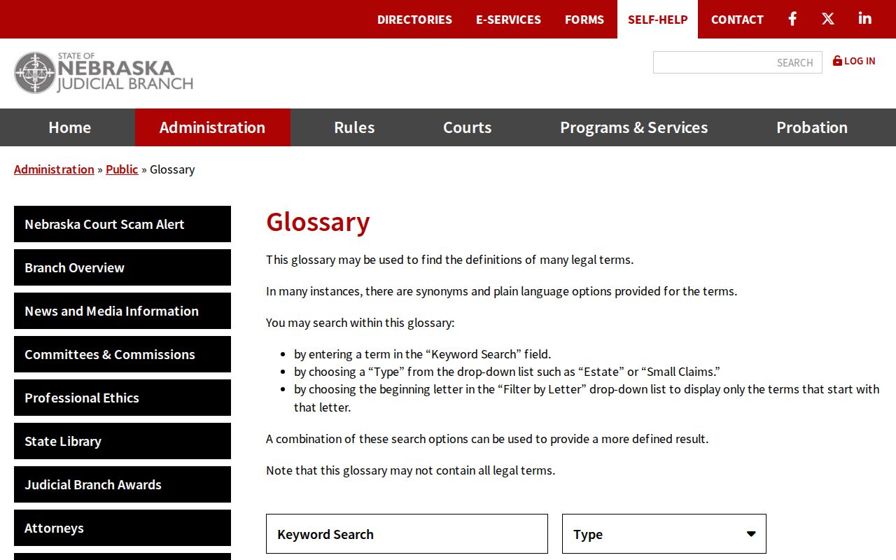 Boone County docket search source showing Nebraska Judicial Branch legal glossary