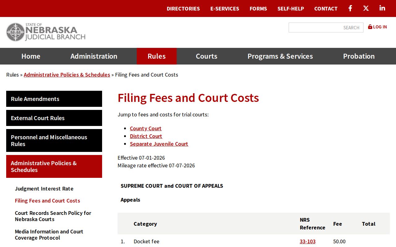 Boone County civil court dockets source showing Nebraska court fees and costs schedule