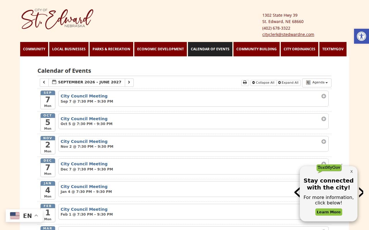 St. Edward court records source showing the city public calendar